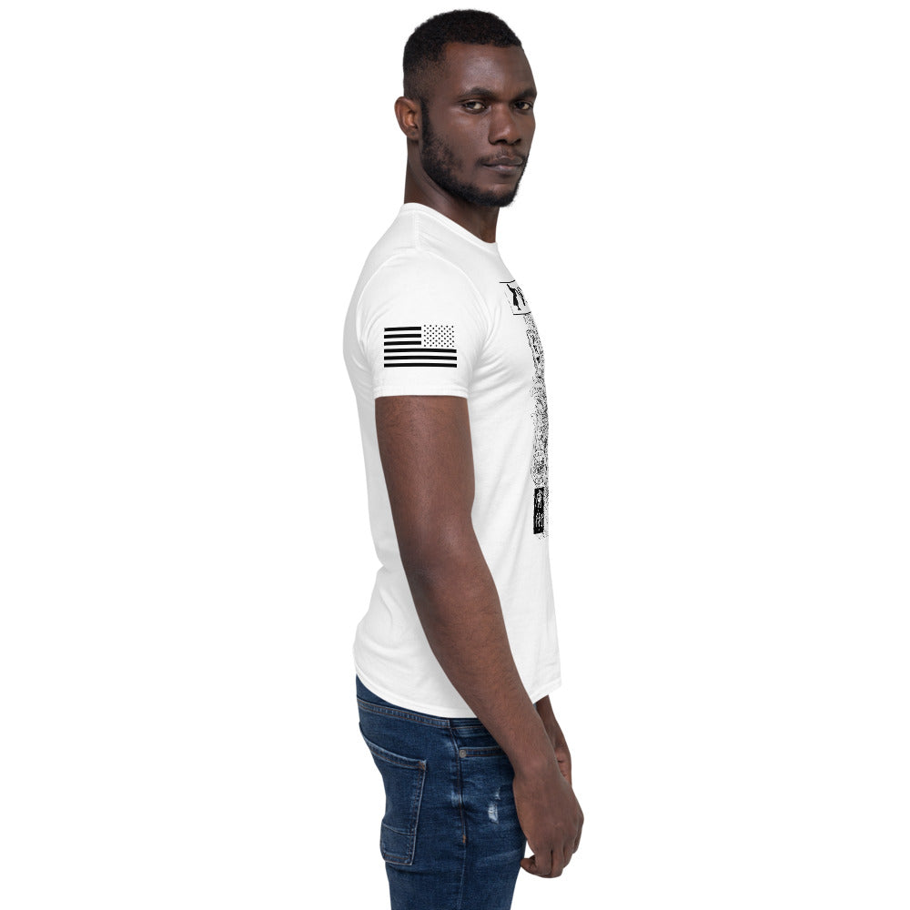 right side view of man wearing white surfin samurai shirt