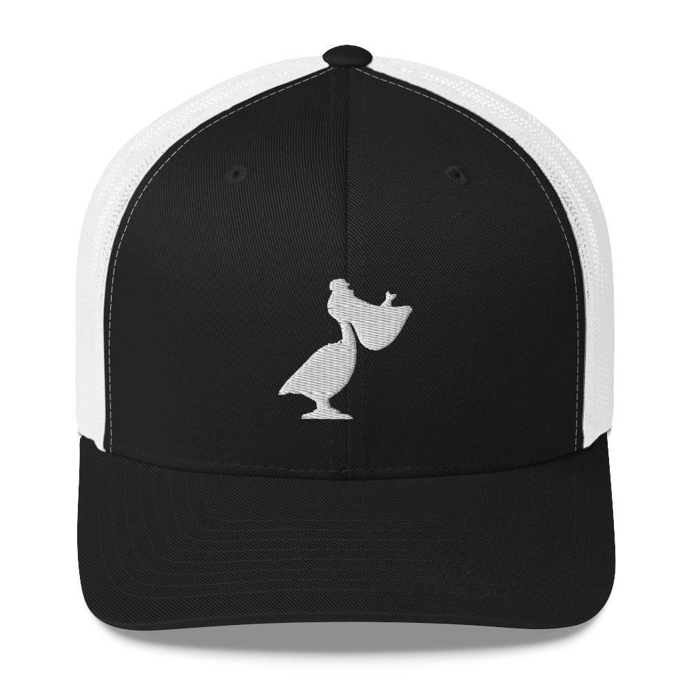 front of black six panel Low Crown Embroidered Windansea Pelican Trucker Cap.