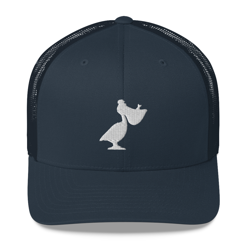 front of all blue six panel Low Crown Embroidered Windansea Pelican Trucker Cap.