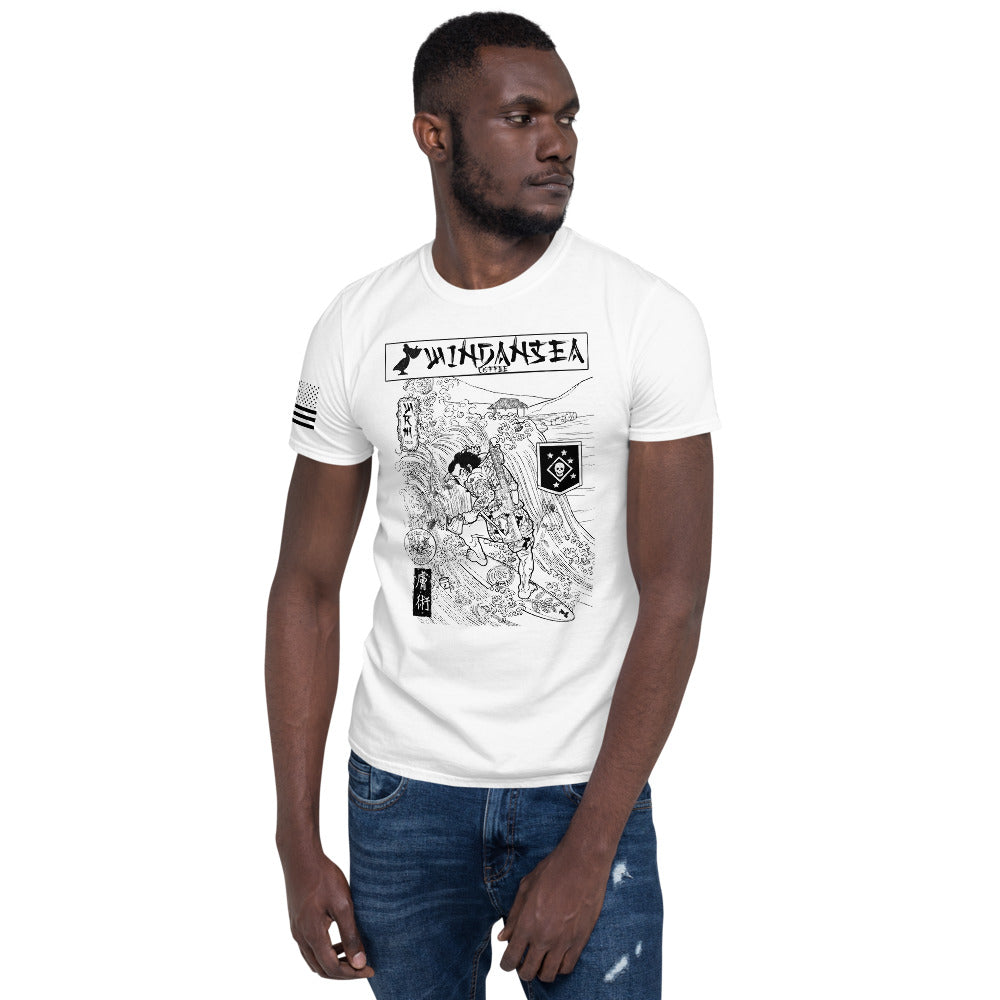 man wearing white surfin samurai shirt