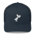 front of all blue six panel Low Crown Embroidered Windansea Pelican Trucker Cap.