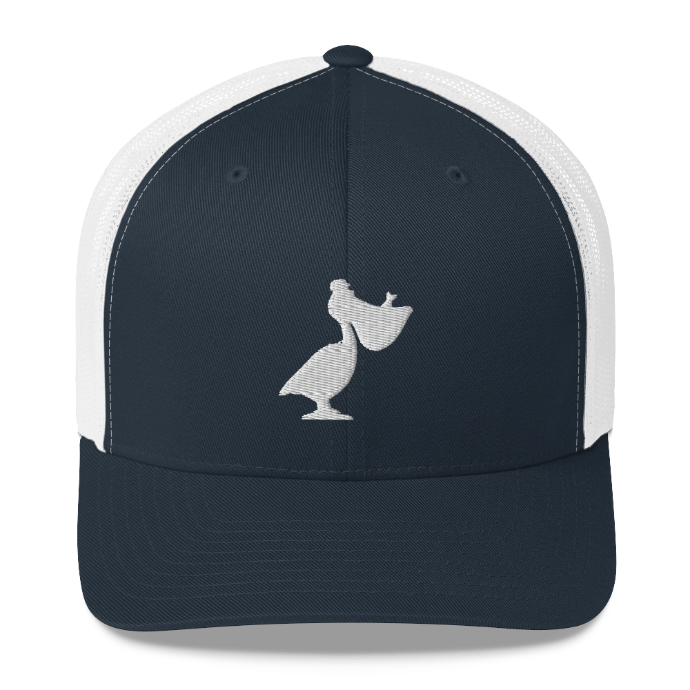front of navy six panel Low Crown Embroidered Windansea Pelican Trucker Cap.